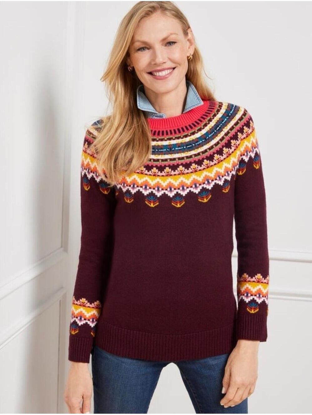 Talbots Plus Women’s Sz 1X‎ Fair Isle Yoke Crewneck Sweater Maroon Burgundy